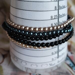 5 Strand Rows of Faux Pearl & Black Glass Beads Bracelet Silver Tone Vintage